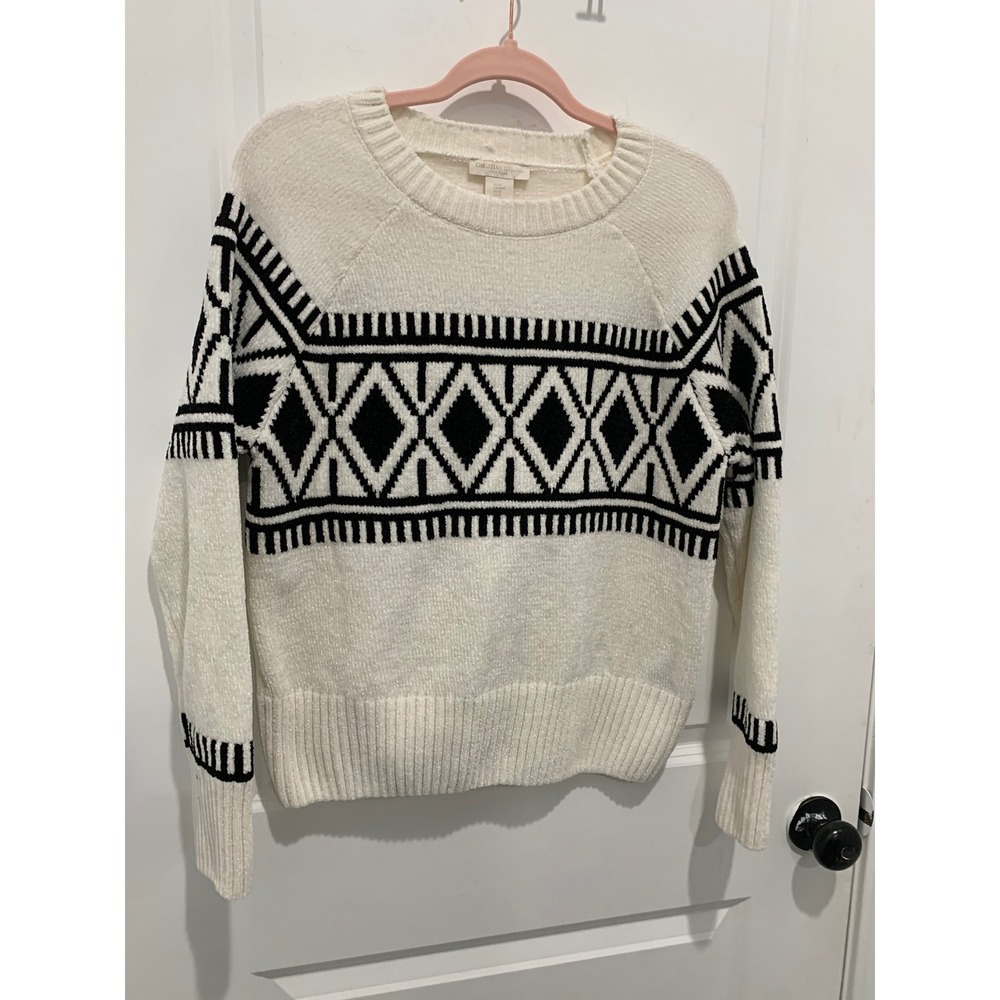 Christian Siriano New York Chenille Sweater Cream Black Geometric Diamond Medium